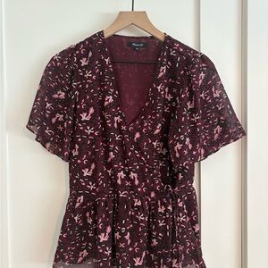 Madewell Burgundy and Pink Floral Wrap Blouse